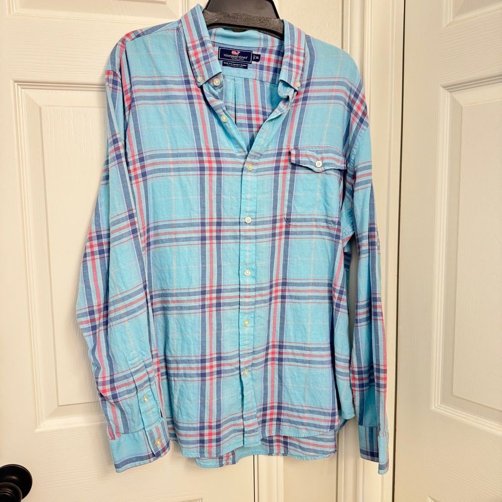 4/$100 Vineyard Vines Crosby Classic Blue Plaid Cotton/Linen Blend Button Down